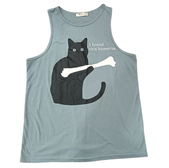 fashion Tops - Gray Tank Top with Black Cat Design Size Large